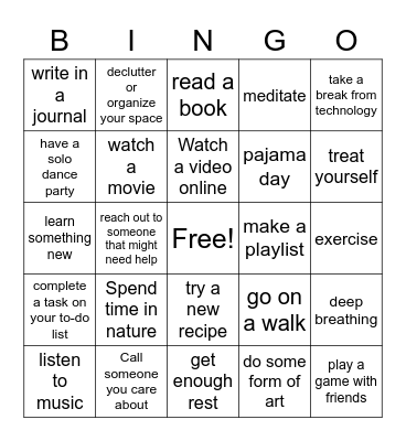 Mental Health Bingo Card