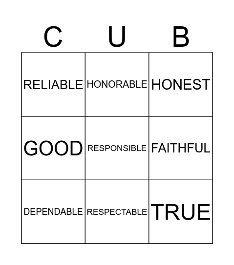 TRUSTWORTHY Bingo Card