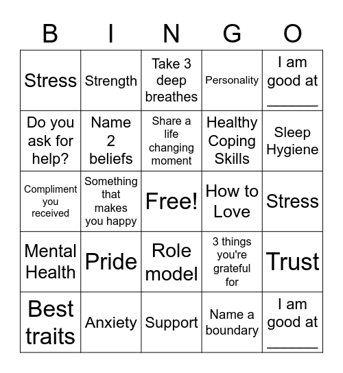 ESH Self-Esteem Bingo Card