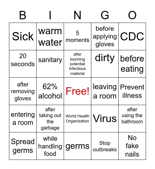 Hand Hygiene Bingo Card