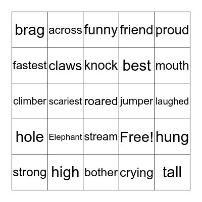 Word Grid - "Elephant and Tiger" Bingo Card