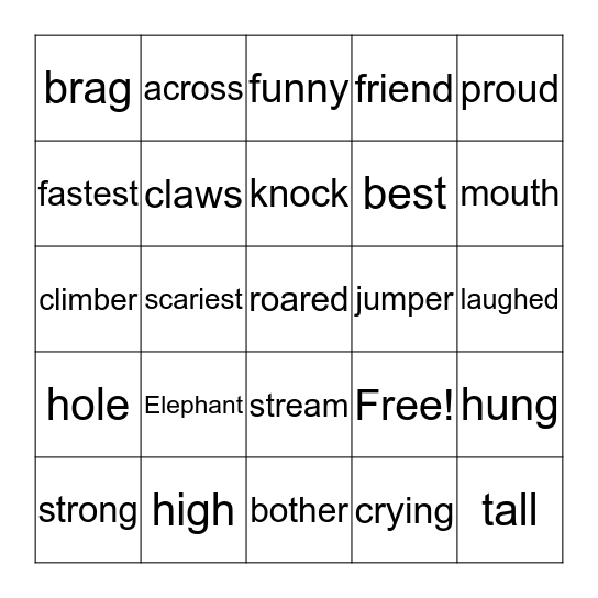 Word Grid - "Elephant and Tiger" Bingo Card