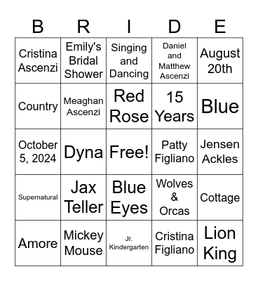 Emily's Bridal Shower Bingo Card