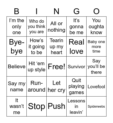 90s Breakup Songs Bingo Card