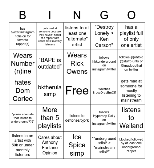 2023 Underground Geek Bingo Card