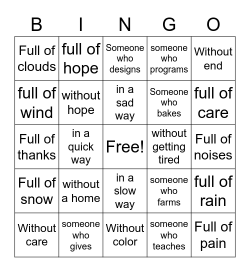 Suffixes Bingo Card