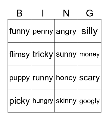 ending in y Bingo Card