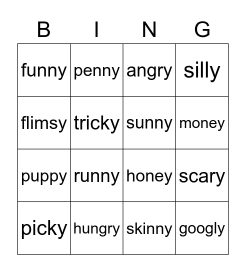 ending in y Bingo Card