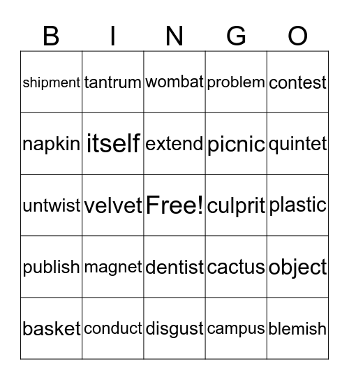 Detached Syllable BINGO Card