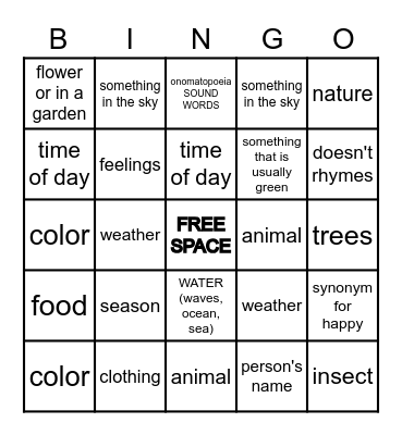 Poetry Bingo Card