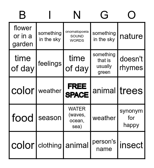 Poetry Bingo Card