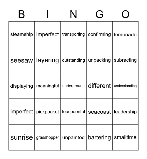 Multisyllabic Words Bingo Card