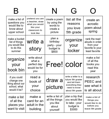 Activity Bingo Card