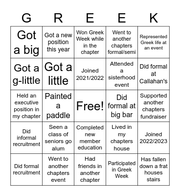 Greek Life Bingo Card