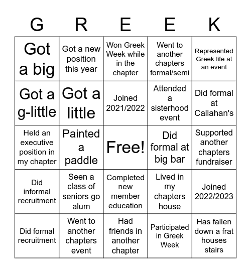Greek Life Bingo Card