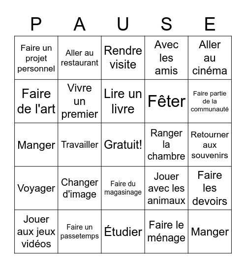La Pause Bingo Card