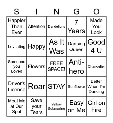 Pop Music Singo Bingo Card