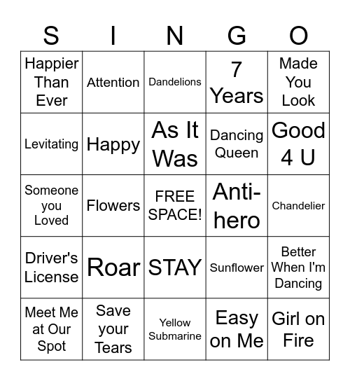 Pop Music Singo Bingo Card