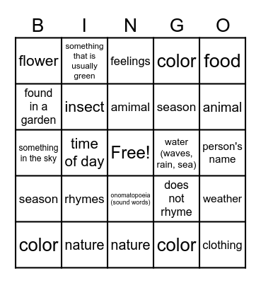 Poetry Bingo Card