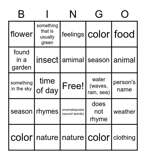 Poetry Bingo Card