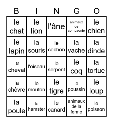 Les animaux 2023 Bingo Card