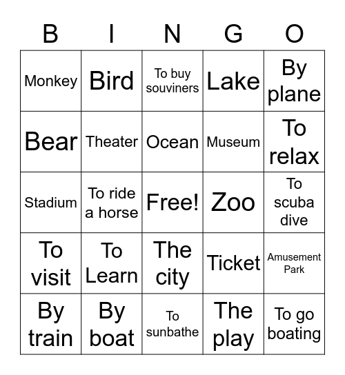 On Vacation Bingo Card