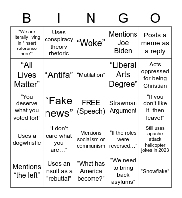 Right Wing Talking Points Bingo Card