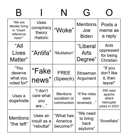 Right Wing Talking Points Bingo Card