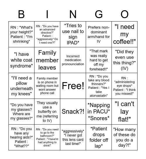 PACU Bingo #2 Bingo Card