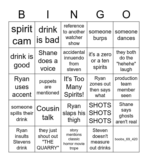 Too Many Spirits! Bingo Card