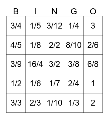 Fraction Bingo Card