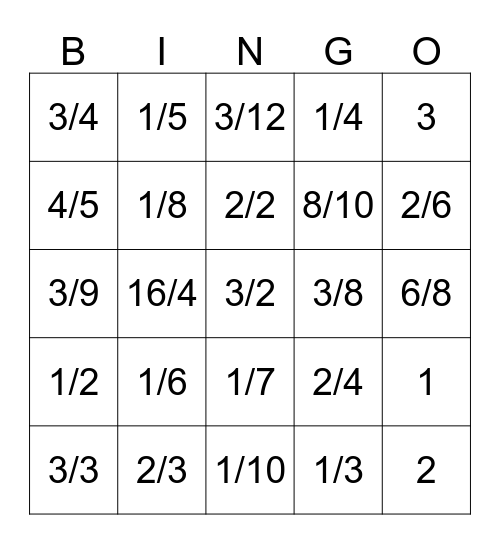 Fraction Bingo Card