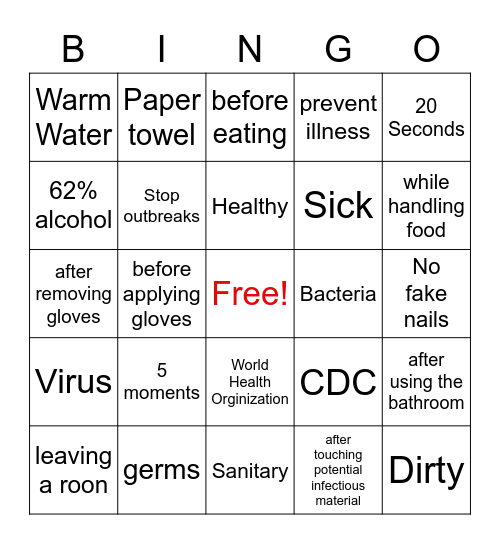 Hand Hygiene Bingo Card