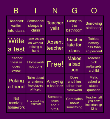 Daily school Bingo Card