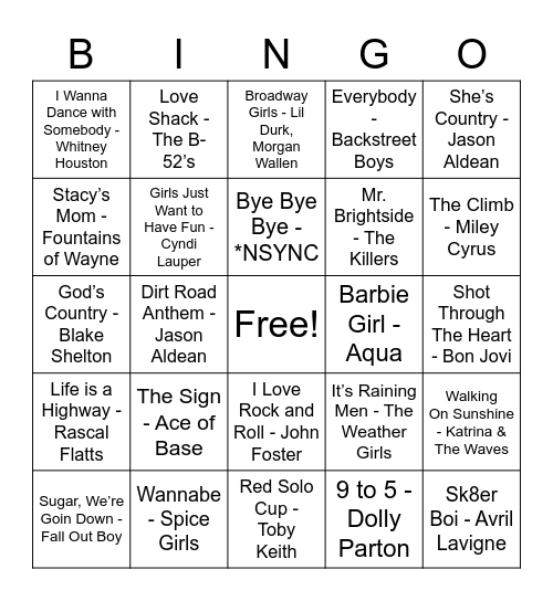 Musical Bingo Card