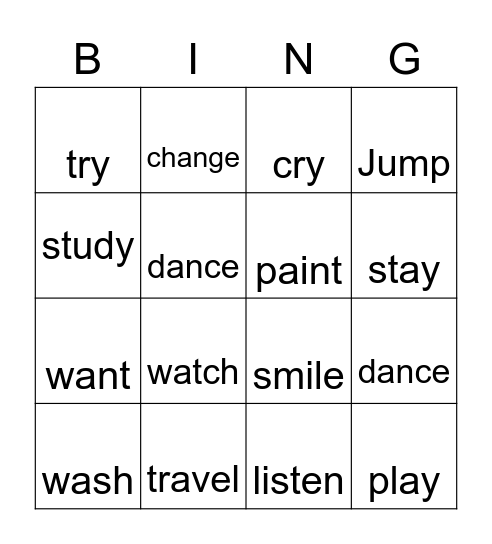 Past Simple Regular Verbs Bingo Card