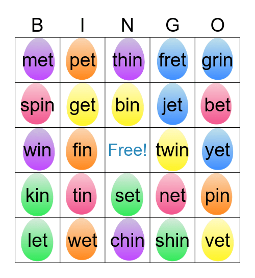 ELA Bingo! Ending Sounds "-in" and "et" Bingo Card