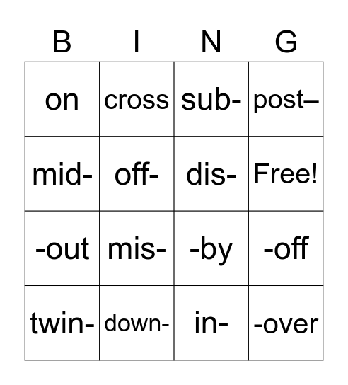 prefix & suffixes Bingo Card