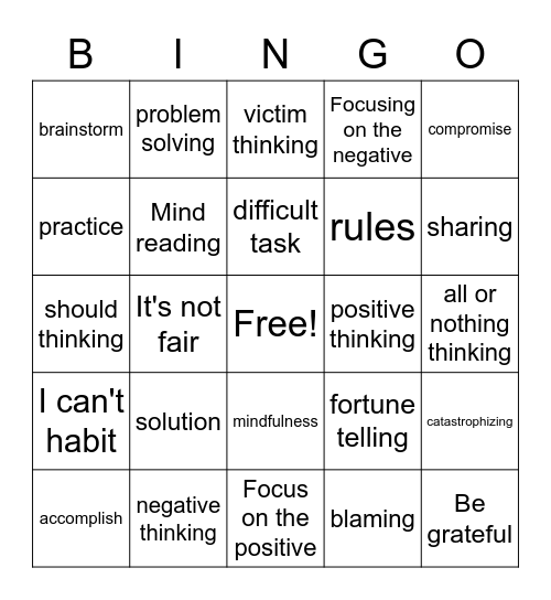 Problem Solving/Negative Thinking Bingo Card