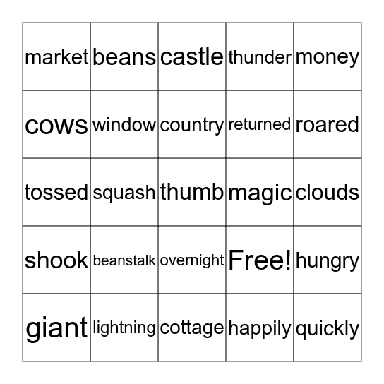 Word Grid - "Jack and the Beanstalk" Bingo Card