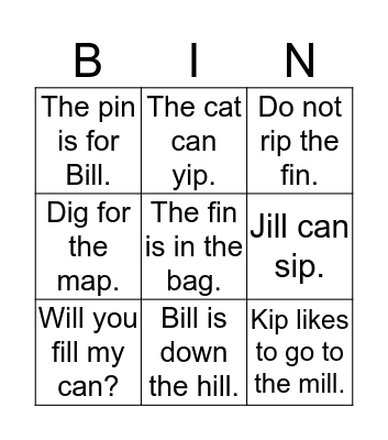 Short I Simple Sentences Bingo Card