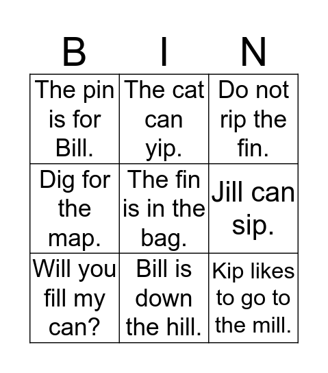 Short I Simple Sentences Bingo Card