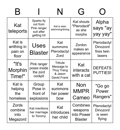 Pink Ranger Bingo Card