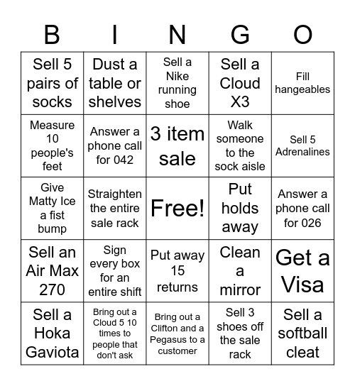 Shoe Bingo Card