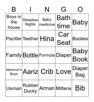 Hina"s Baby Shower  Bingo Card