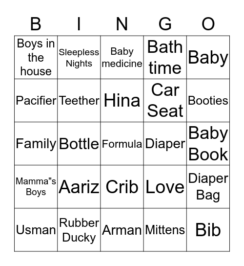 Hina"s Baby Shower  Bingo Card