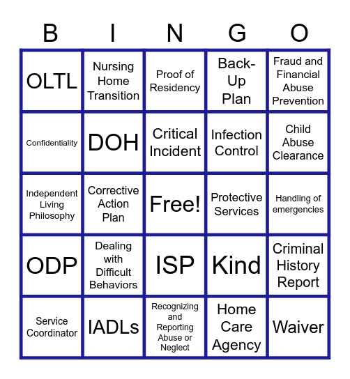 Direct Care Worker Policy Bingo Card