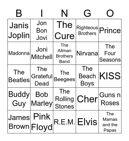 Rock and Roll Bingo Card