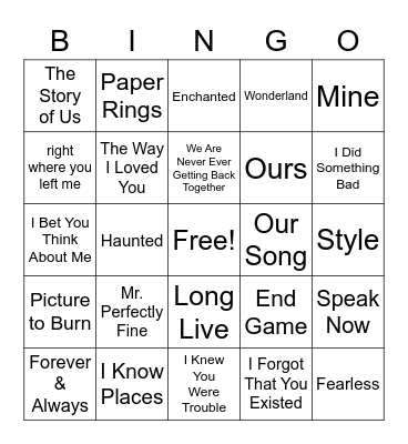 Taylor Swift Song Bingo Card