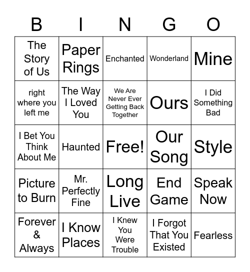 Taylor Swift Song Bingo Card